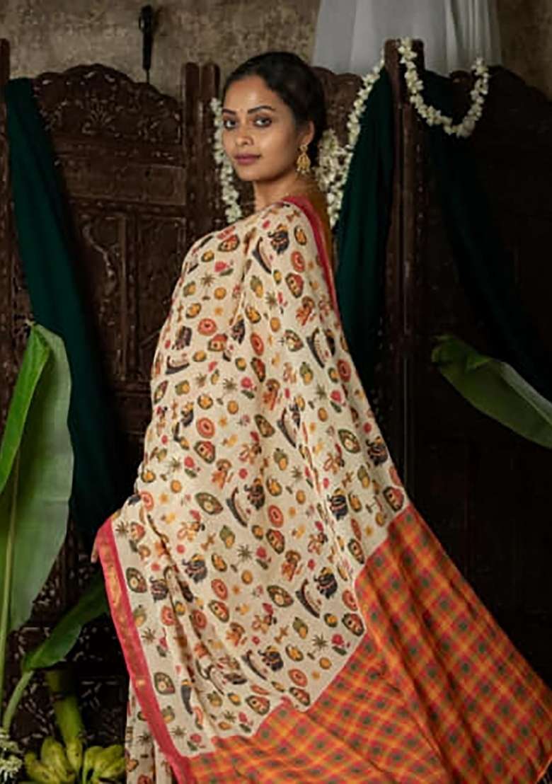 Cream Folk Art Linen Saree Set - Indya