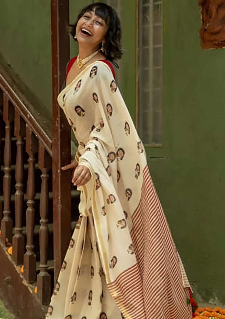 Cream Folk Art Linen Saree Set - Indya