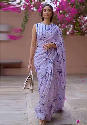 Lavender Floral Print Linen Saree Set