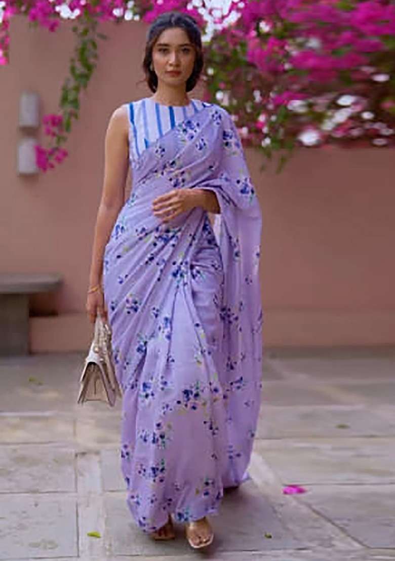 Lavender Floral Print Linen Saree Set - Indya