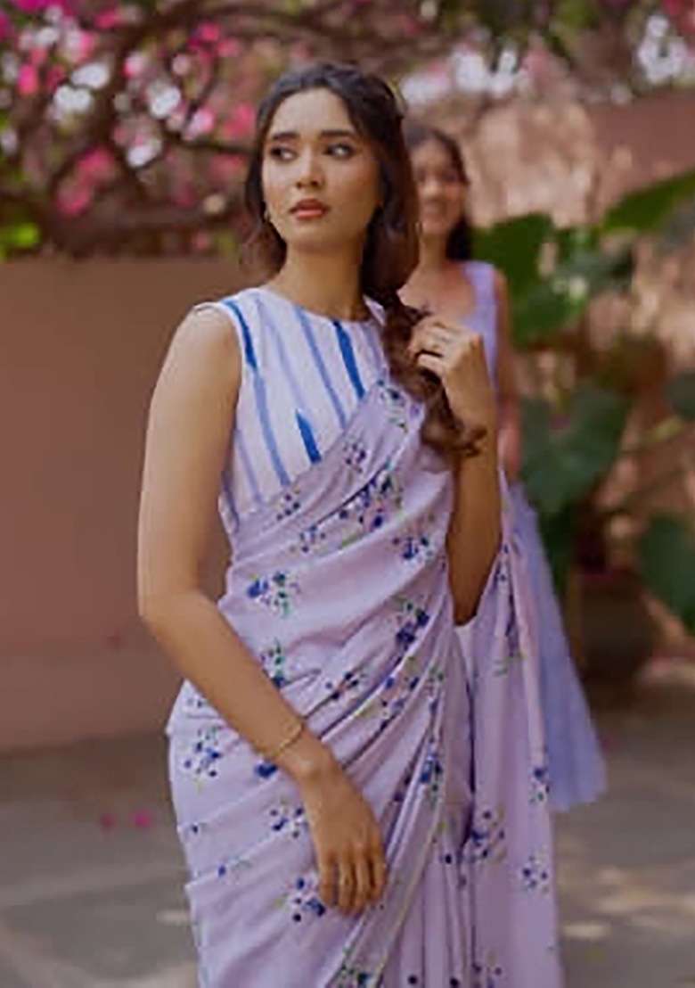 Lavender Floral Print Linen Saree Set - Indya