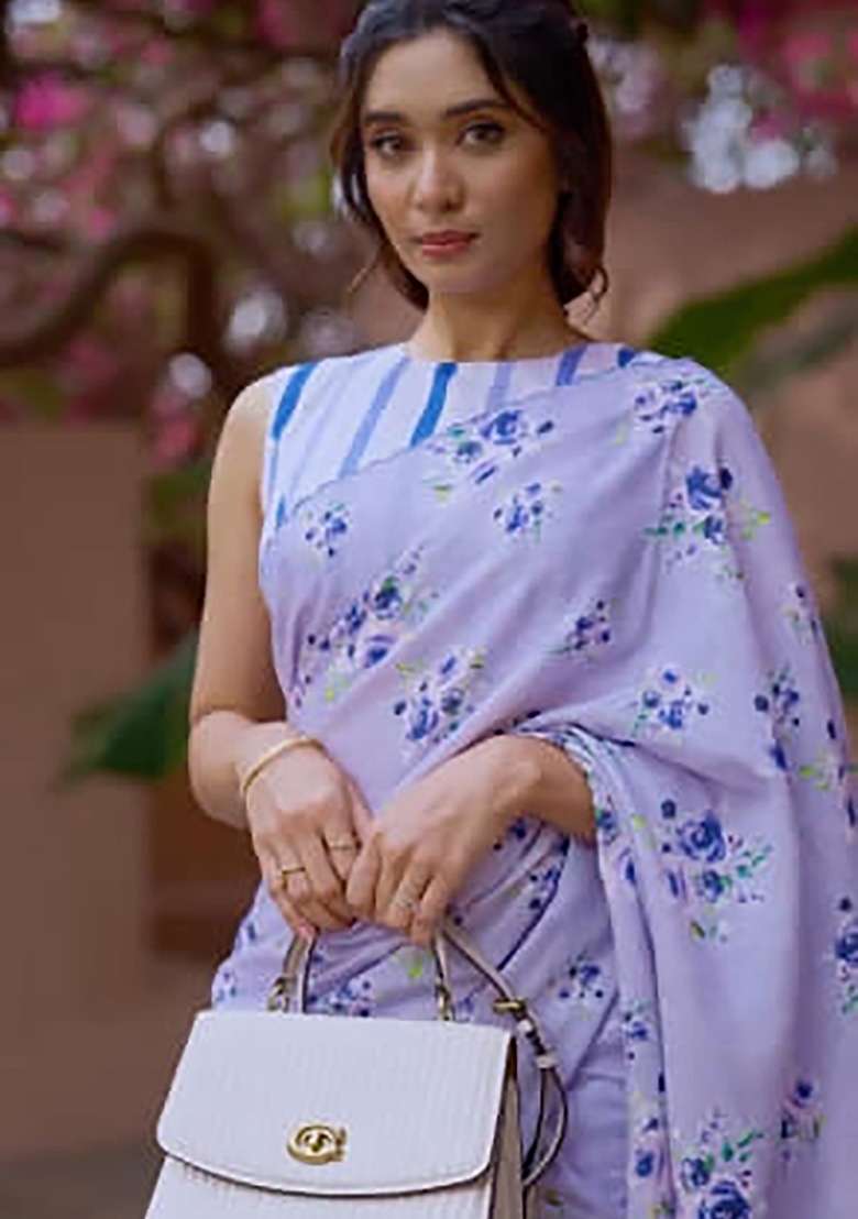 Lavender Floral Print Linen Saree Set - Indya