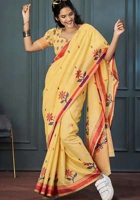 Yellow Floral Print Linen Saree Set