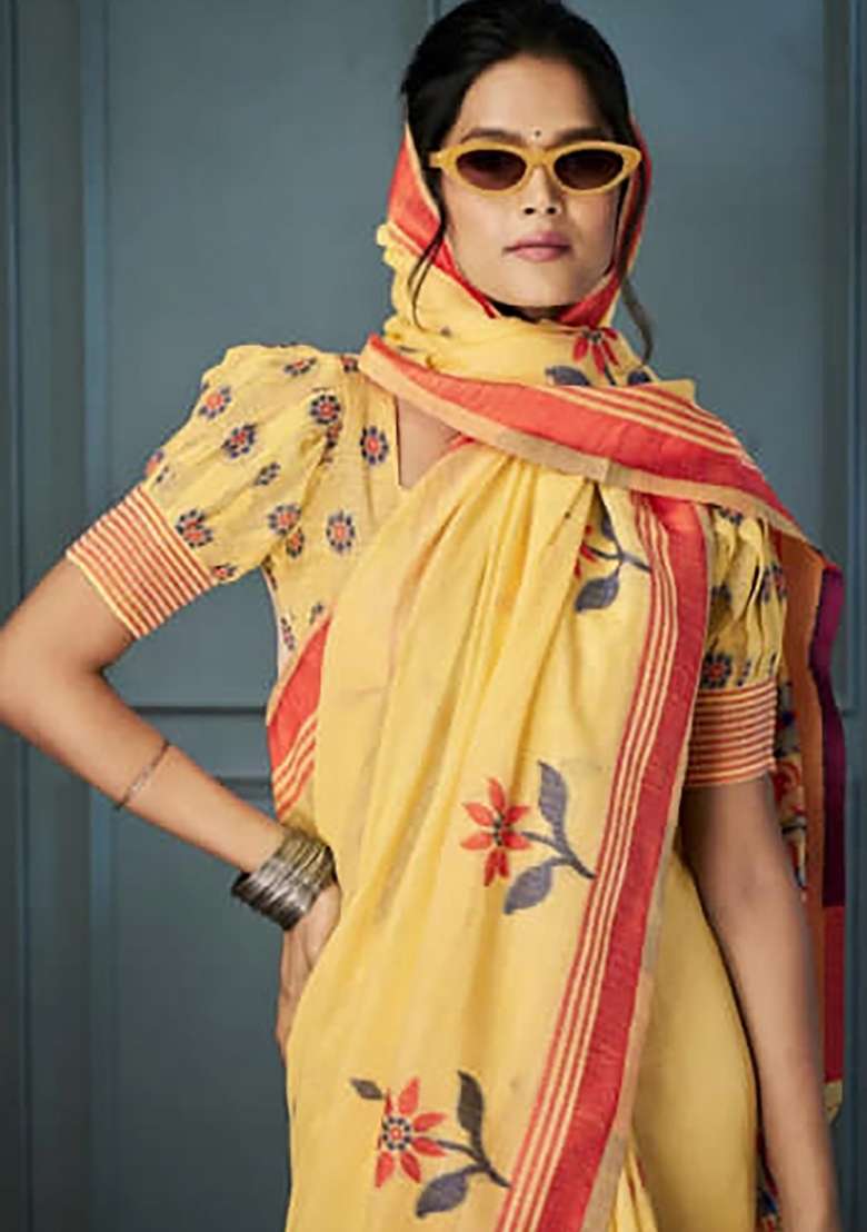 Yellow Floral Print Linen Saree Set - Indya