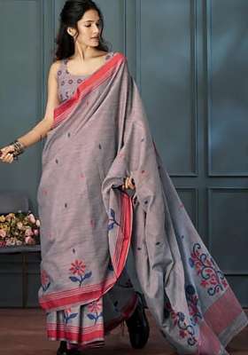 Grey Floral Print Linen Saree Set