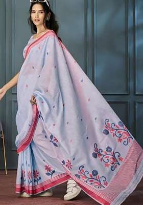 Light Blue Floral Print Linen Saree Set