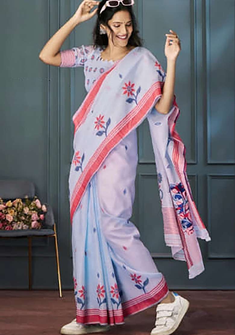 Light Blue Floral Print Linen Saree Set - Indya