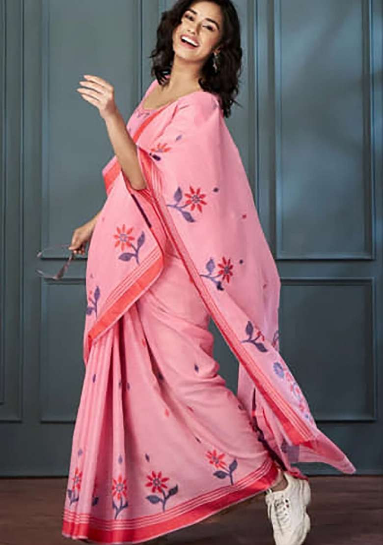 Pink Floral Print Linen Saree Set - Indya