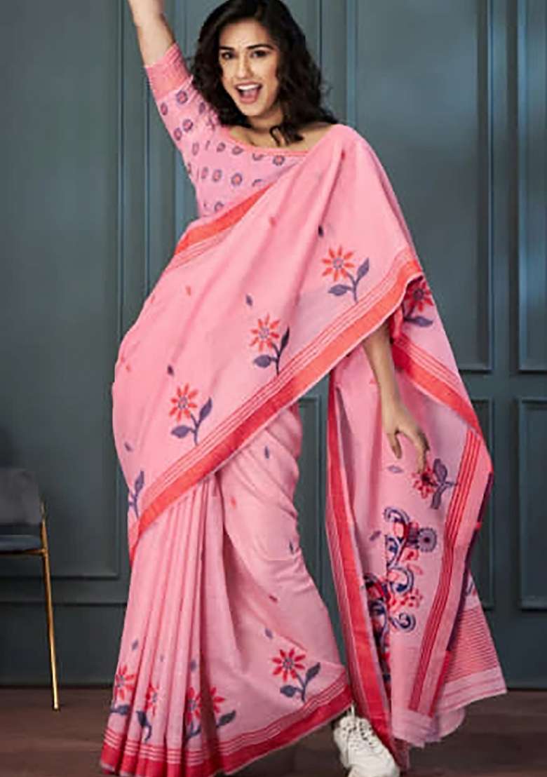 Pink Floral Print Linen Saree Set - Indya