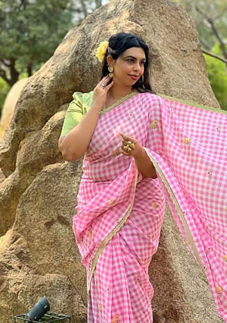 Pink Checked Linen Saree Set - Indya
