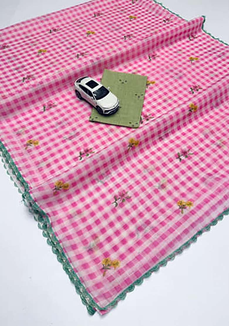 Pink Checked Linen Saree Set - Indya