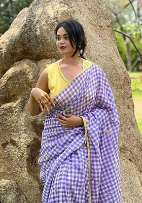 Blue Checked Linen Saree Set