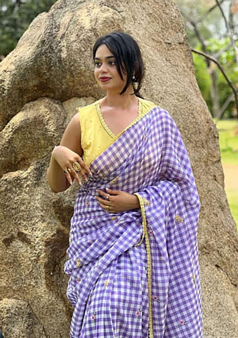 Blue Checked Linen Saree Set - Indya
