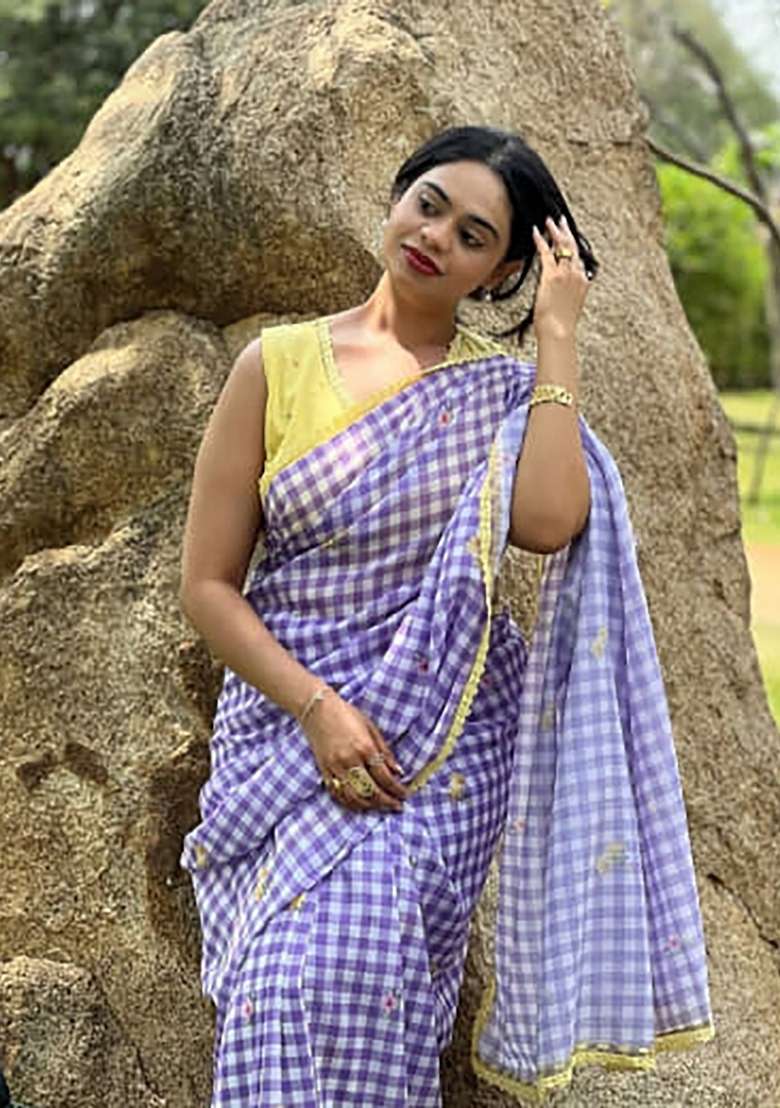 Blue Checked Linen Saree Set - Indya