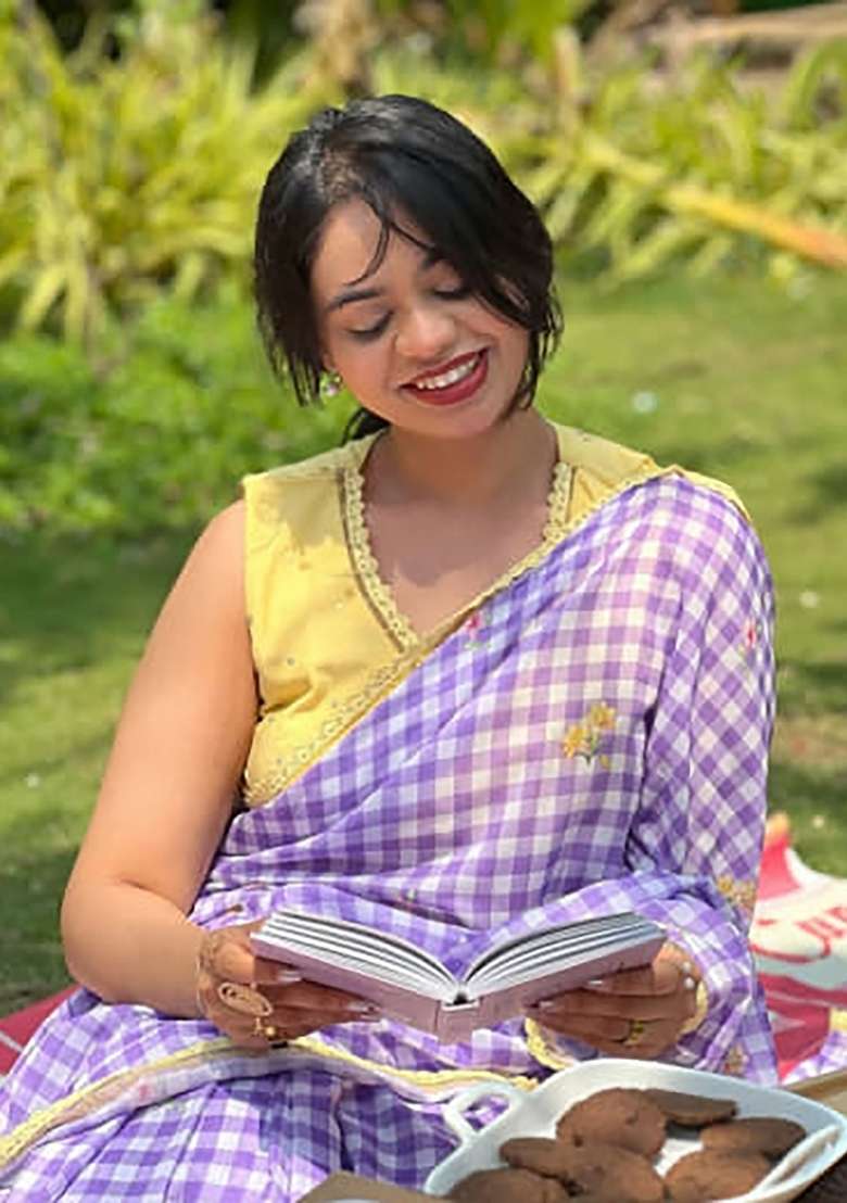 Blue Checked Linen Saree Set - Indya