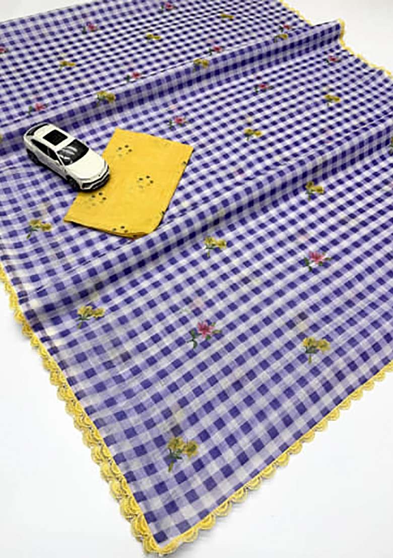 Blue Checked Linen Saree Set - Indya