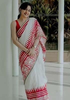 White And Red Folk Art Linen Saree Set