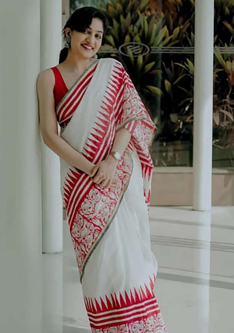 White And Red Folk Art Linen Saree Set - Indya