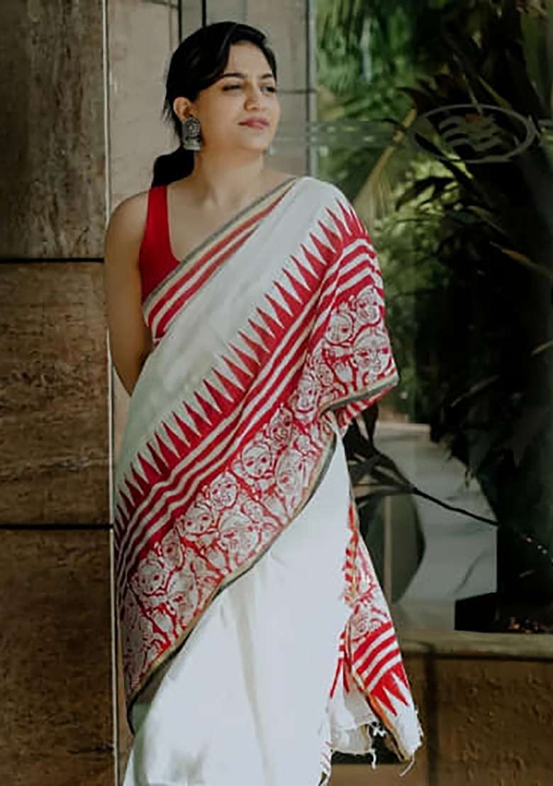 White And Red Folk Art Linen Saree Set - Indya