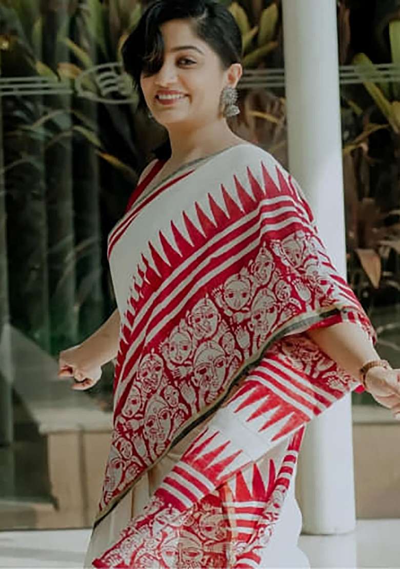 White And Red Folk Art Linen Saree Set - Indya