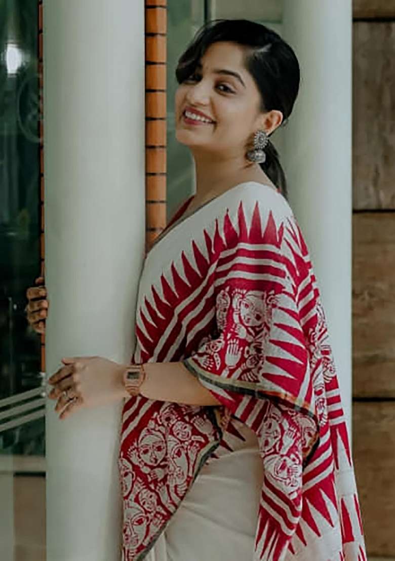 White And Red Folk Art Linen Saree Set - Indya