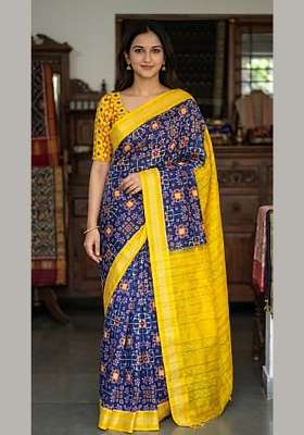 Yellow And Royal Blue Ikkat Linen Saree Set