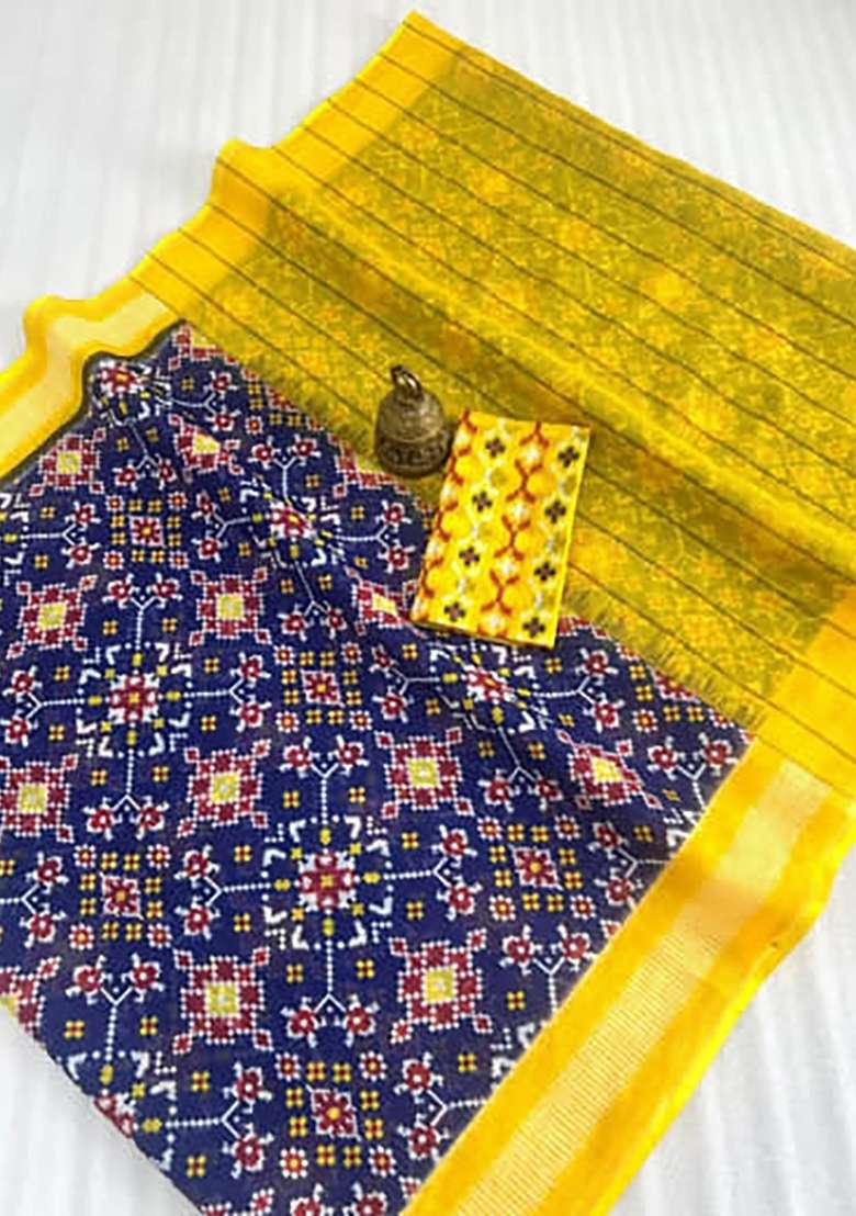 Yellow And Royal Blue Ikkat Linen Saree Set - Indya
