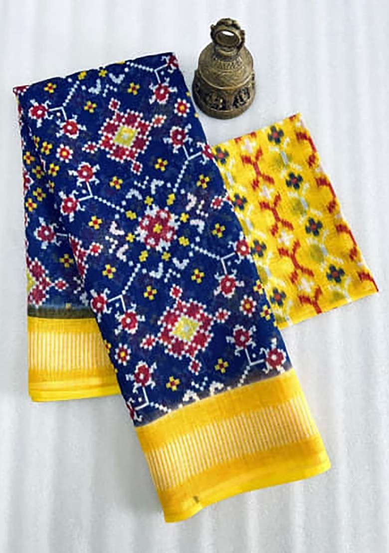 Yellow And Royal Blue Ikkat Linen Saree Set - Indya