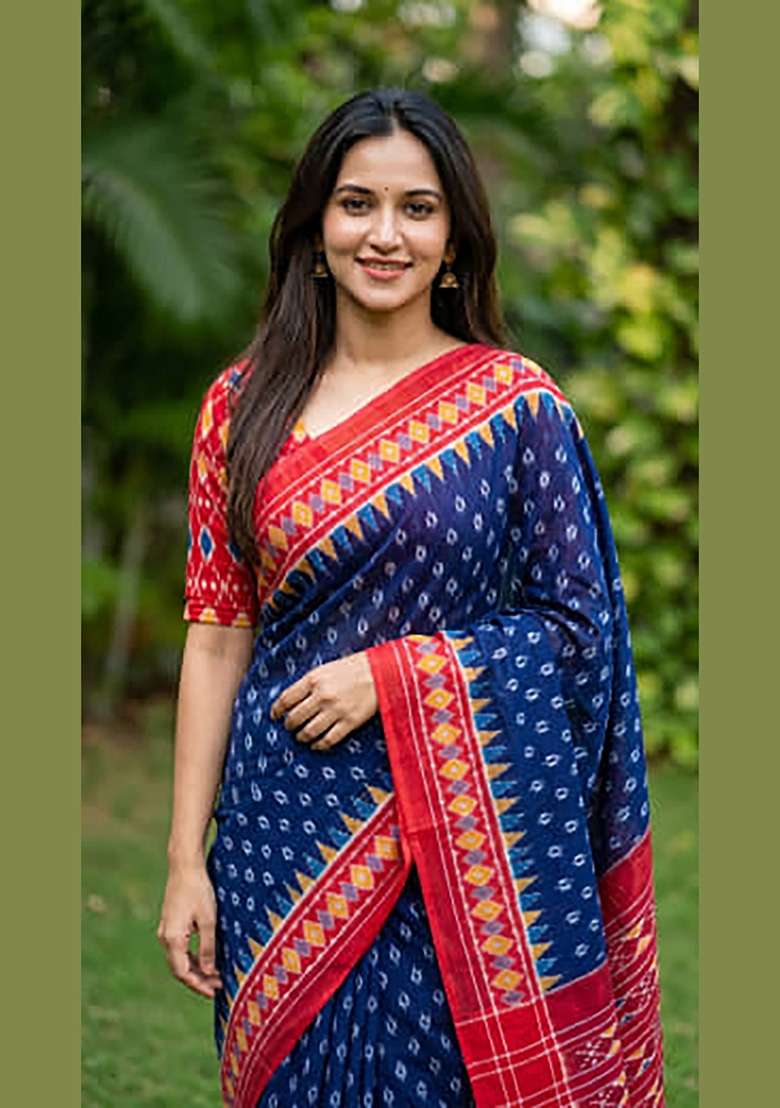 Royal Blue And Red Ikkat Linen Saree Set - Indya