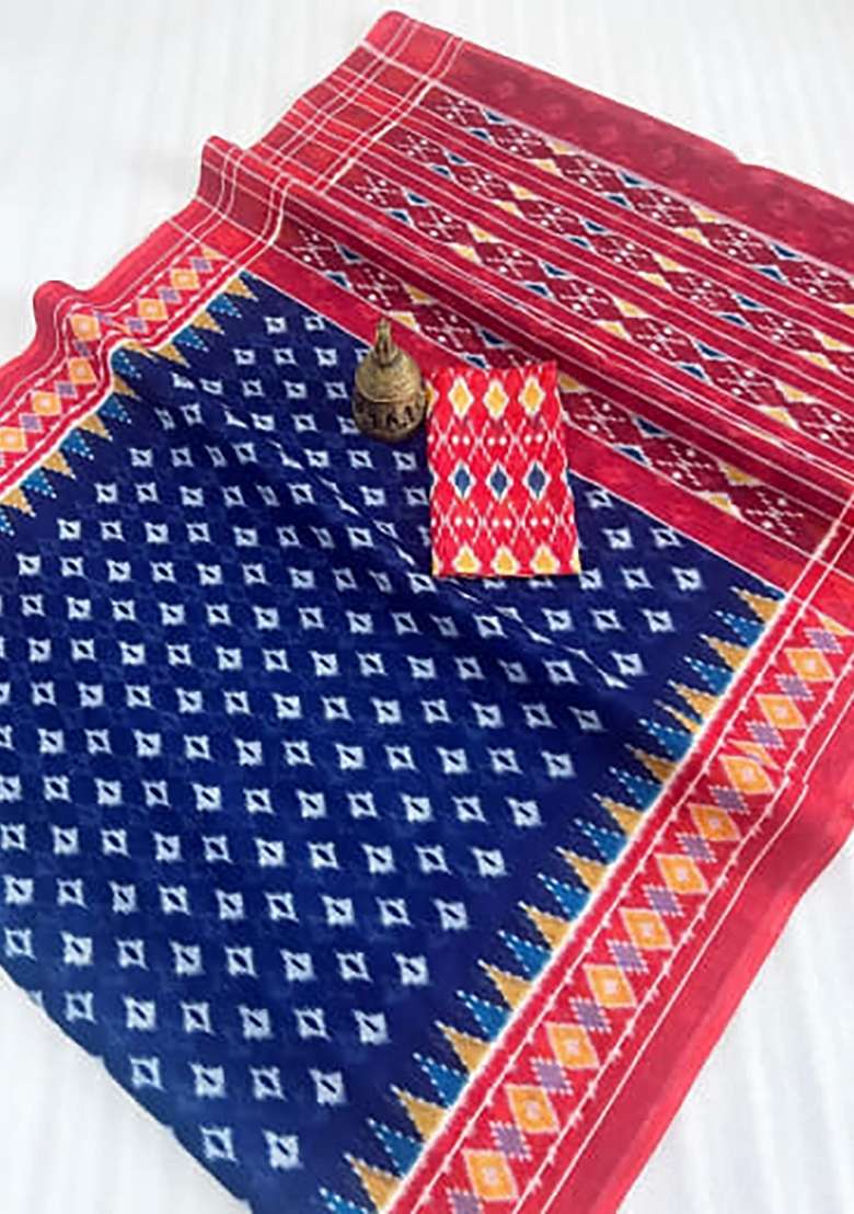 Royal Blue And Red Ikkat Linen Saree Set - Indya