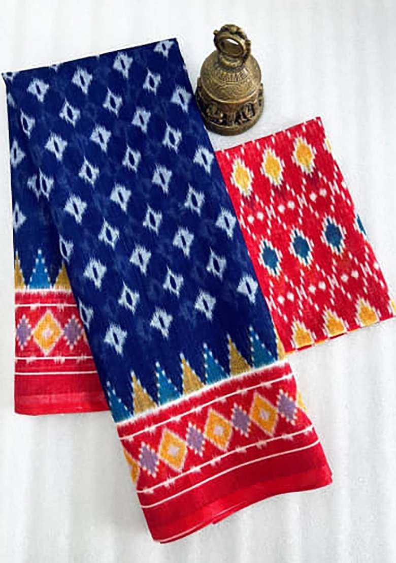 Royal Blue And Red Ikkat Linen Saree Set - Indya