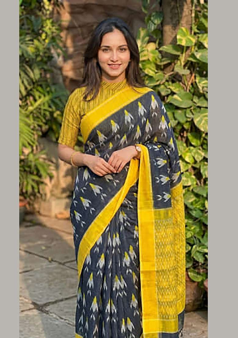 Black And Yellow Ikkat Linen Saree Set - Indya