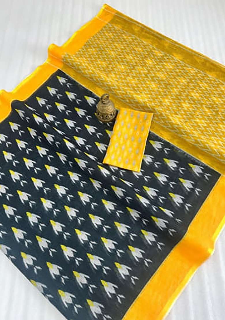 Black And Yellow Ikkat Linen Saree Set - Indya
