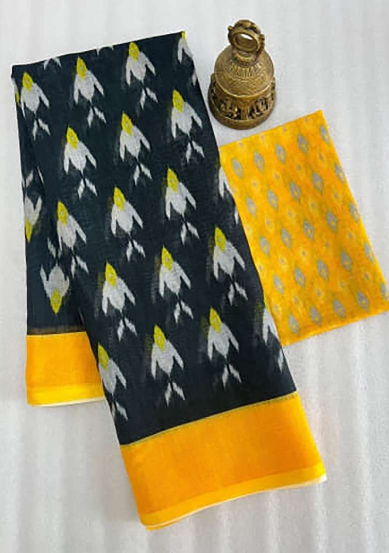 Black And Yellow Ikkat Linen Saree Set - Indya