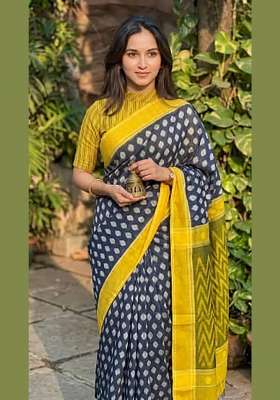 Blue And Yellow Ikkat Linen Saree Set