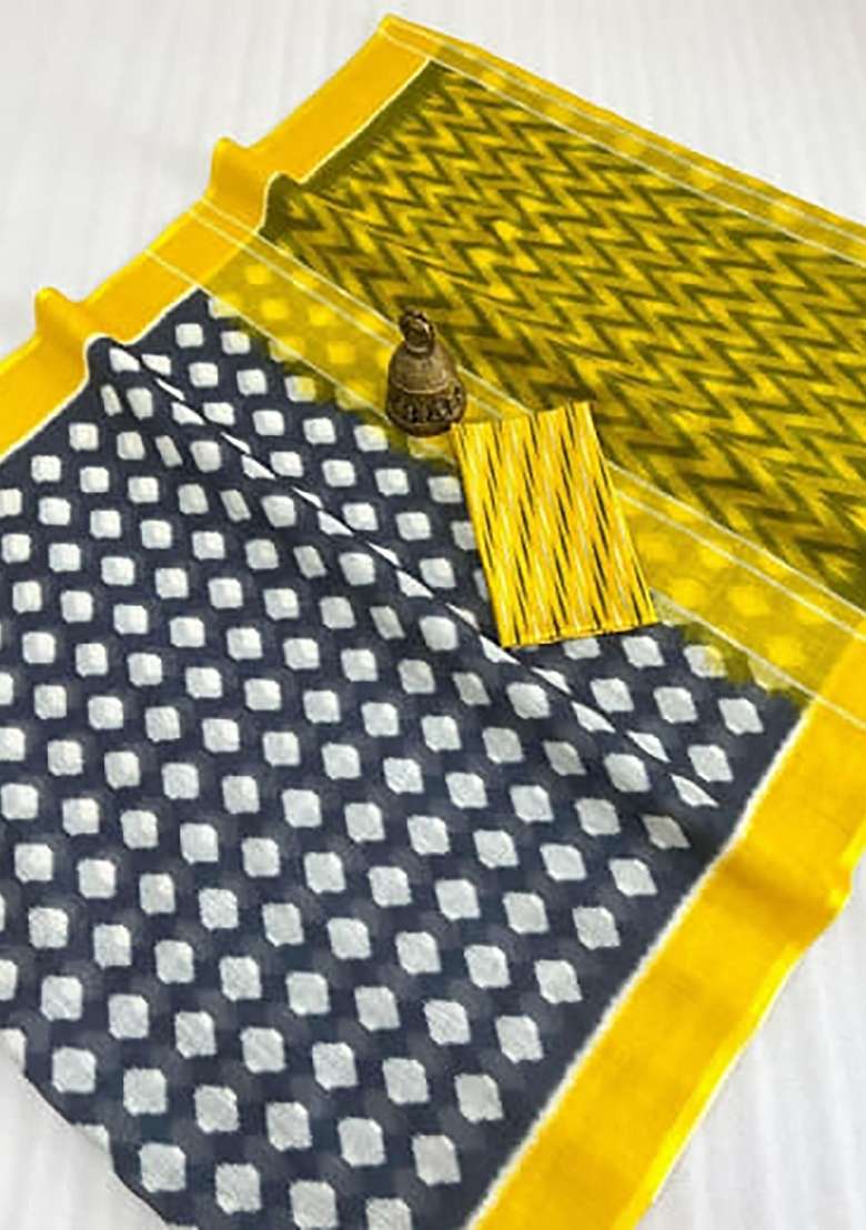 Blue And Yellow Ikkat Linen Saree Set - Indya
