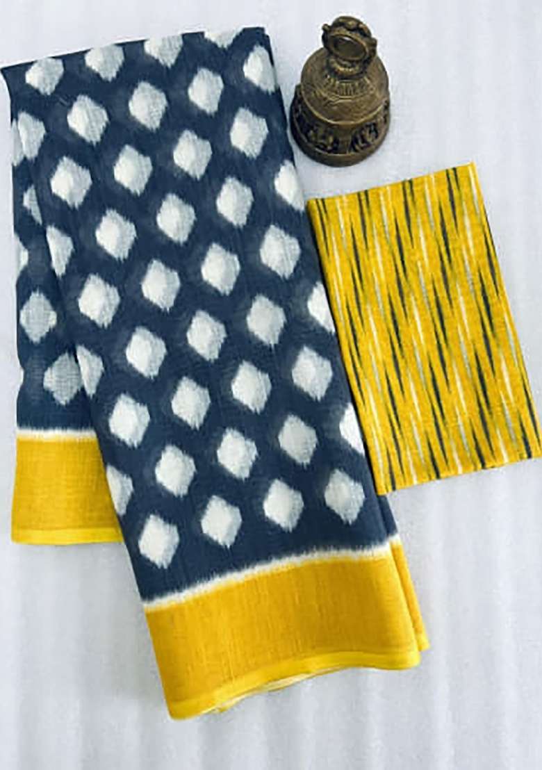 Blue And Yellow Ikkat Linen Saree Set - Indya