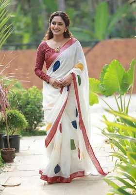 Off White And Red Polka Dot Linen Saree Set