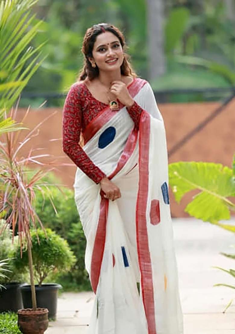 Off White And Red Polka Dot Linen Saree Set - Indya
