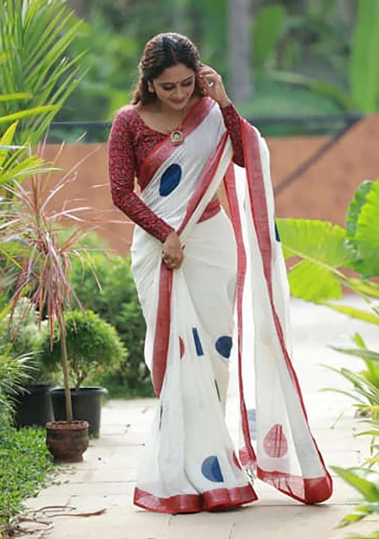 Off White And Red Polka Dot Linen Saree Set - Indya