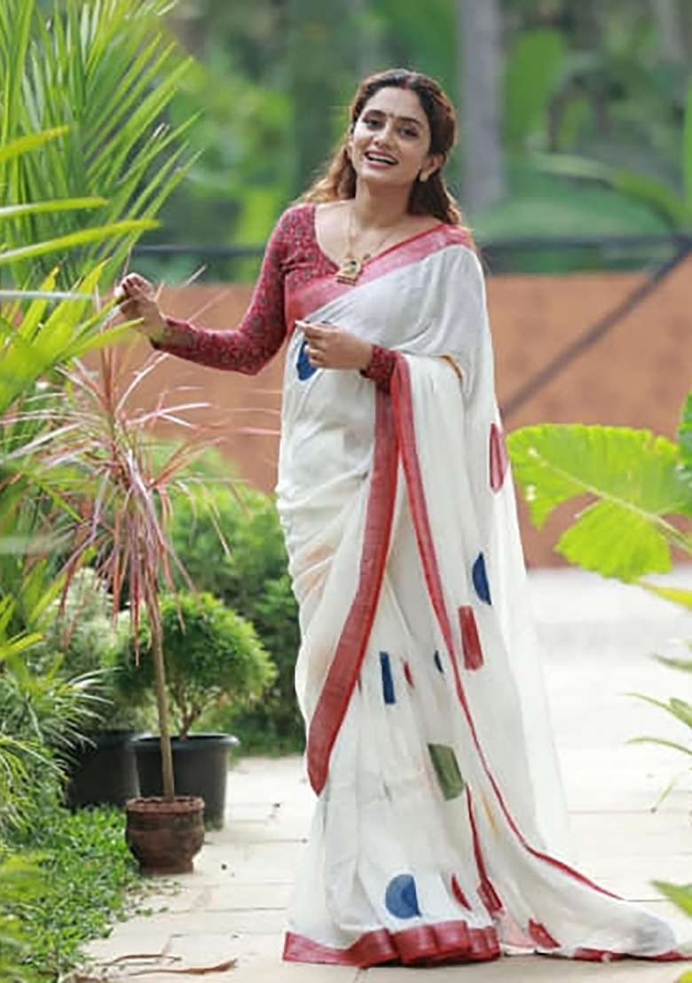 Off White And Red Polka Dot Linen Saree Set - Indya
