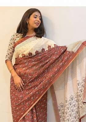 Cream And Red Printed Linen Saree Set
