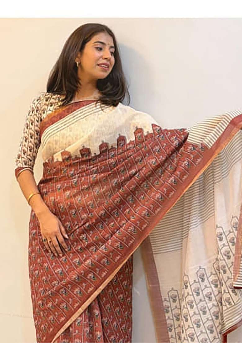 Cream And Red Printed Linen Saree Set - Indya