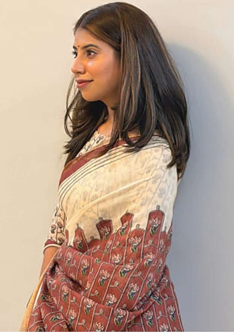 Cream And Red Printed Linen Saree Set - Indya