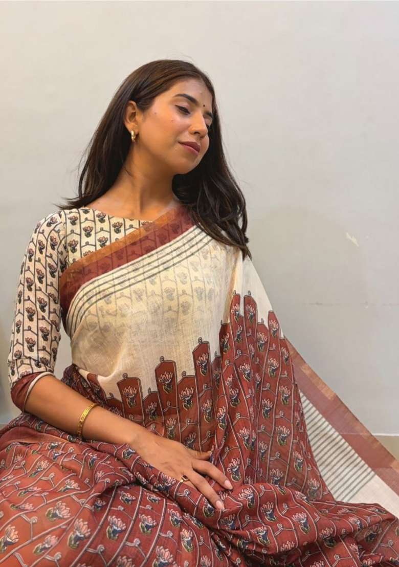 Cream And Red Printed Linen Saree Set - Indya