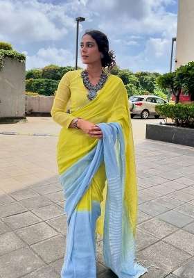Blue And Yellow Printed Linen Saree Set