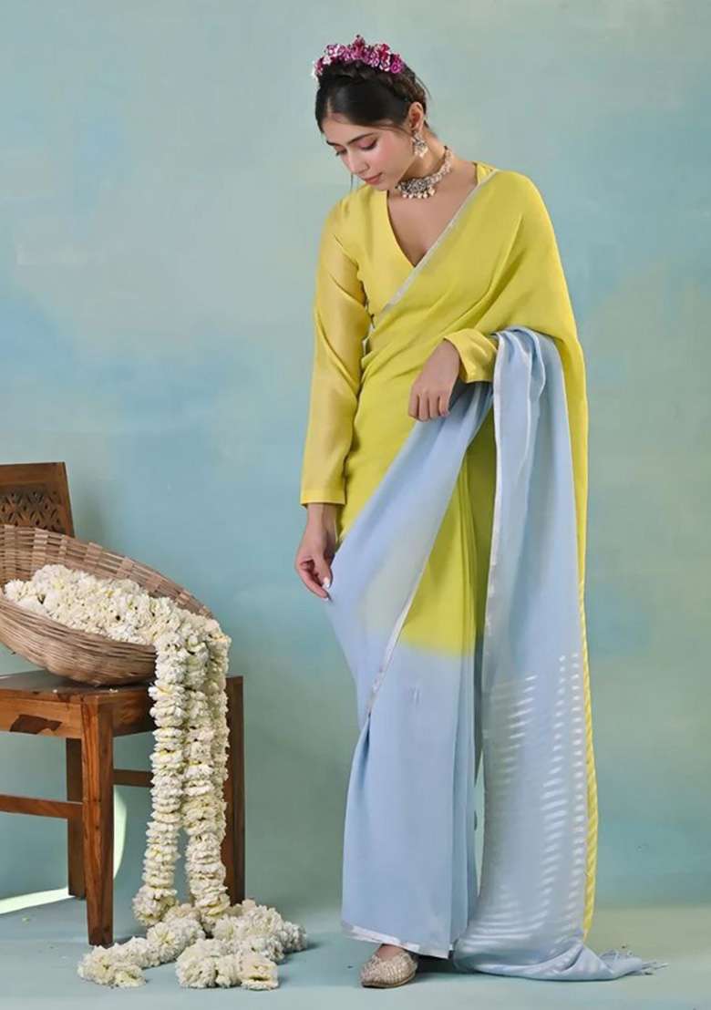 Blue And Yellow Printed Linen Saree Set - Indya