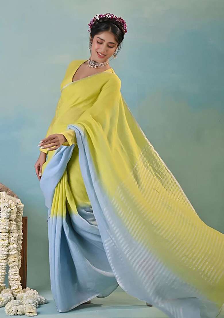 Blue And Yellow Printed Linen Saree Set - Indya