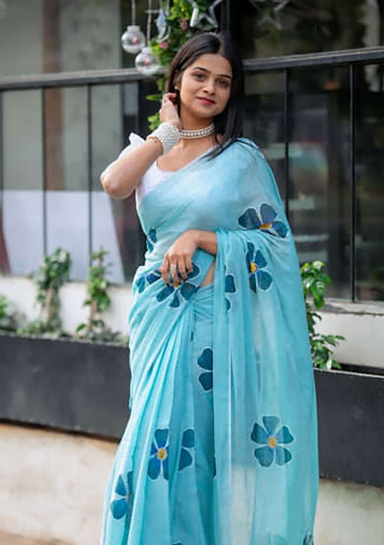 Sky Blue Floral Print Linen Saree Set - Indya