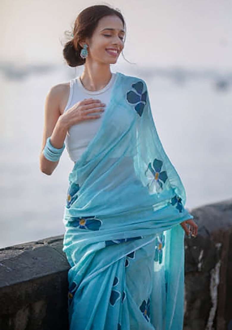 Sky Blue Floral Print Linen Saree Set - Indya